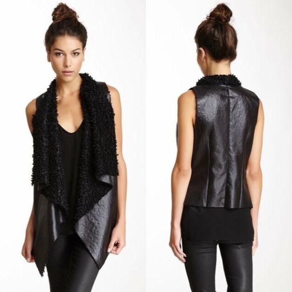 Dolce Cabo Black Vegan Leather/Shearling Open Vest - Picture 1 of 8